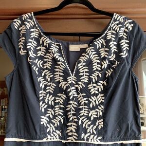 eShakti Custom Leafy Vine Embroidered Midi Dress Navy/White Size 14 | Pockets!